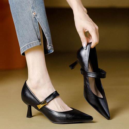 米兰【设计师】⭐跟高6CM/细高跟一字扣单鞋女软羊皮玛丽珍