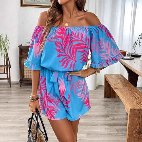 Plus Size Women's One Shoulder Tropical Plant Print Stylish