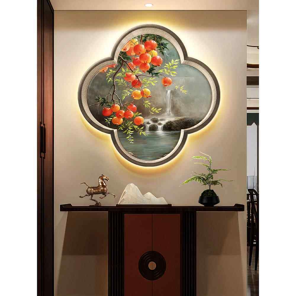 新中国风多子多府入口装饰画石榴梅花形茶室挂画流水财富入口壁灯