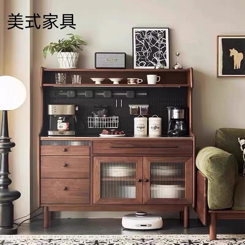 实木餐边柜一体靠墙胡桃色实木茶水收纳柜岩板玄关柜咖啡柜储物柜
