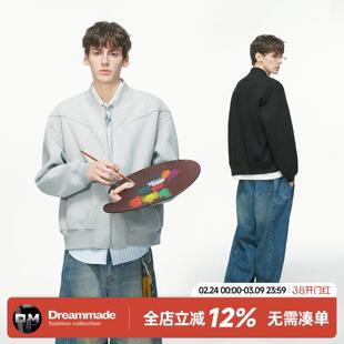 Dreammade 美式重磅灰色开衫卫衣男春秋季新款棒球服男生夹克外套