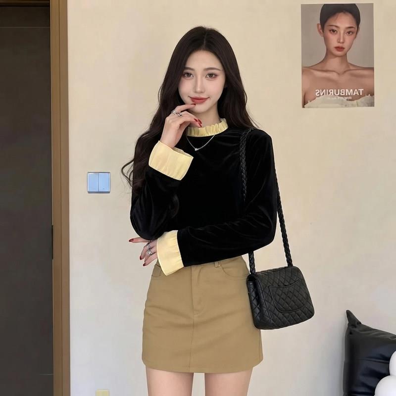 好货黑色丝绒长袖T恤女2026早秋款简约休闲打底衫花边设计感小众