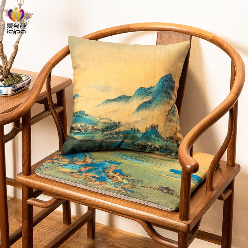 爱奇葩 原创十大名画 画坐垫海绵椅垫太师椅圈椅红木椅垫子腰靠抱