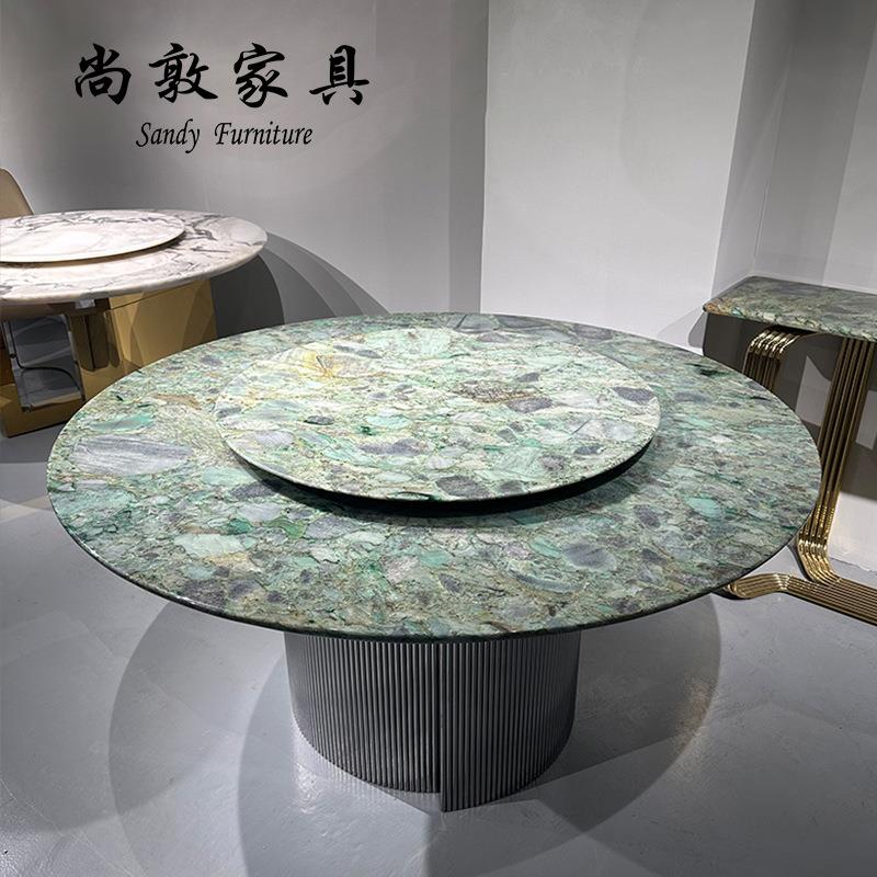 天然大理石餐桌圆形带转盘别墅餐厅家用大户型饭桌祖母绿奢石餐桌