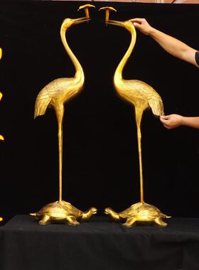 纯铜龟鹤灵芝仙鹤摆件踩龙龟乌龟一对门厅家用公司大号灵芝仙鹤铜