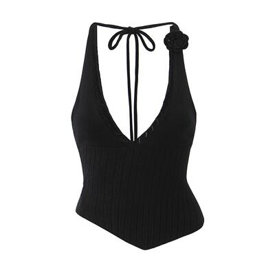 Flower neck tie knit vest women's deep neck camisole top