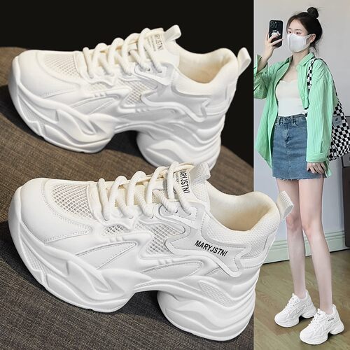 Dad’s Shoes女鞋2025夏季新款白色厚底增加运动春秋季白色透气网