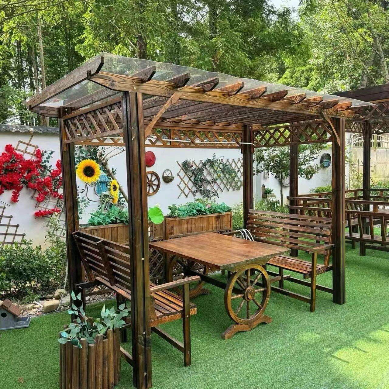 防腐木屋凉亭葡萄架户外庭院桌椅休闲 家俱花园碳化实木爬藤花架