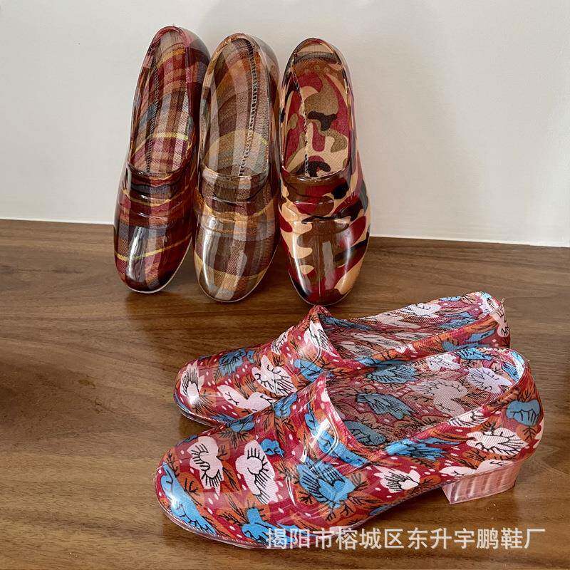 中跟女式雨鞋黑色工作鞋防水防滑水鞋低帮软胶鞋子浅口舒适老人鞋