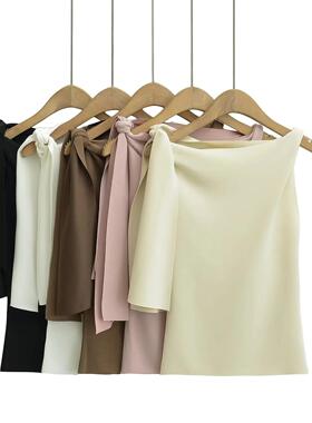 Slant shoulder strap T-shirt, women's shoulder mid sleeve,