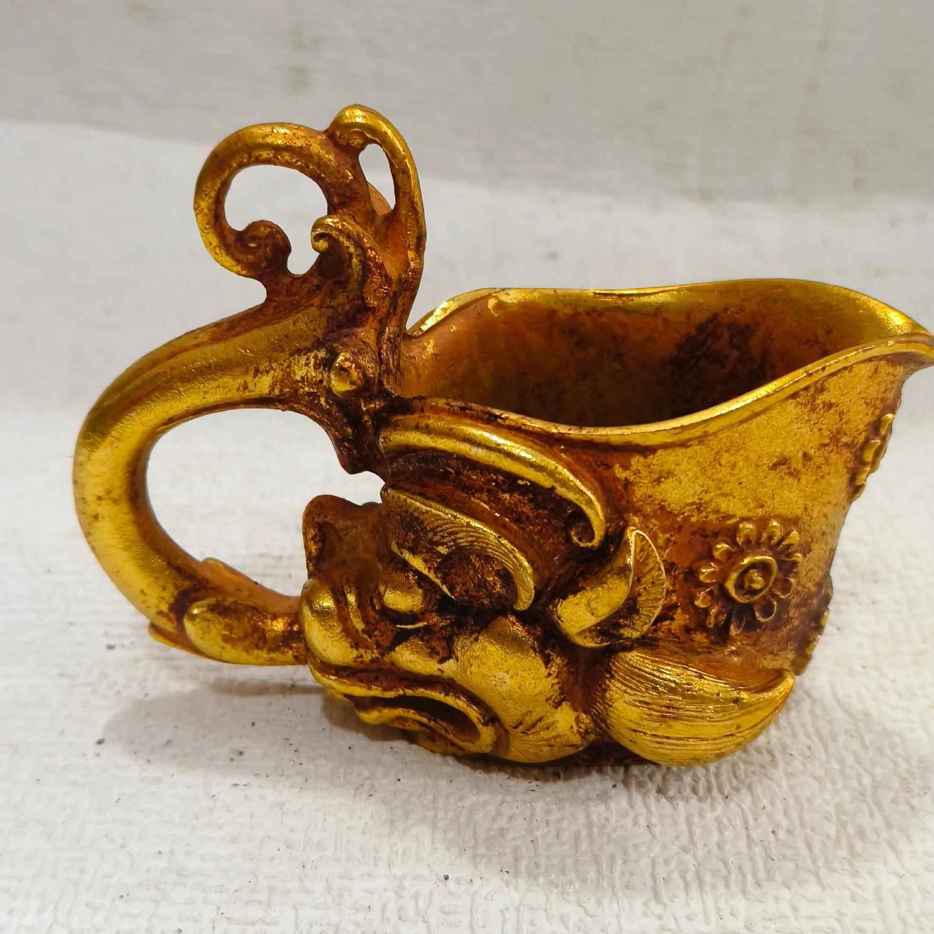 仿古实心鎏金瑞兽龙爵酒杯古代帝王杯珍藏旧货老物件家居摆件收藏