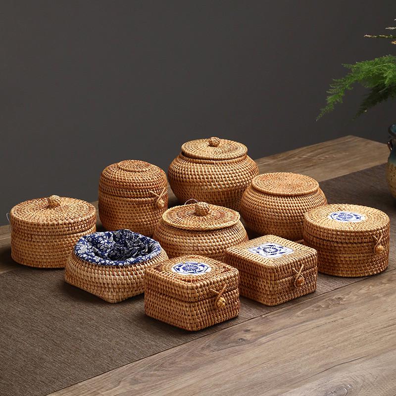 进口越南手工藤编糖果盒圆形带盖收纳筐中式复古茶点盘首饰整理盒