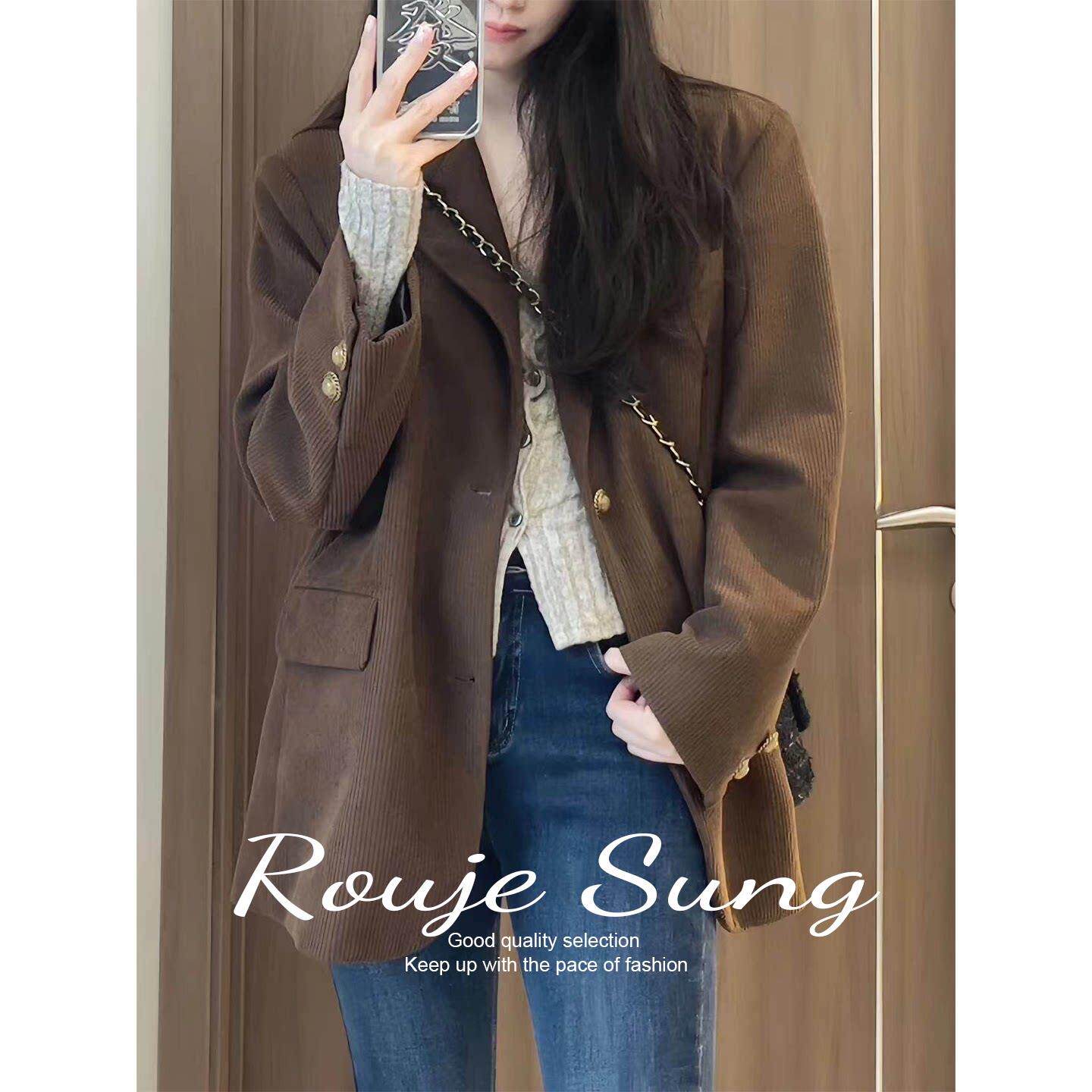 ROUJE SUNG咖色西装外套女春秋韩版复古小个子灯芯绒西服宽松上衣