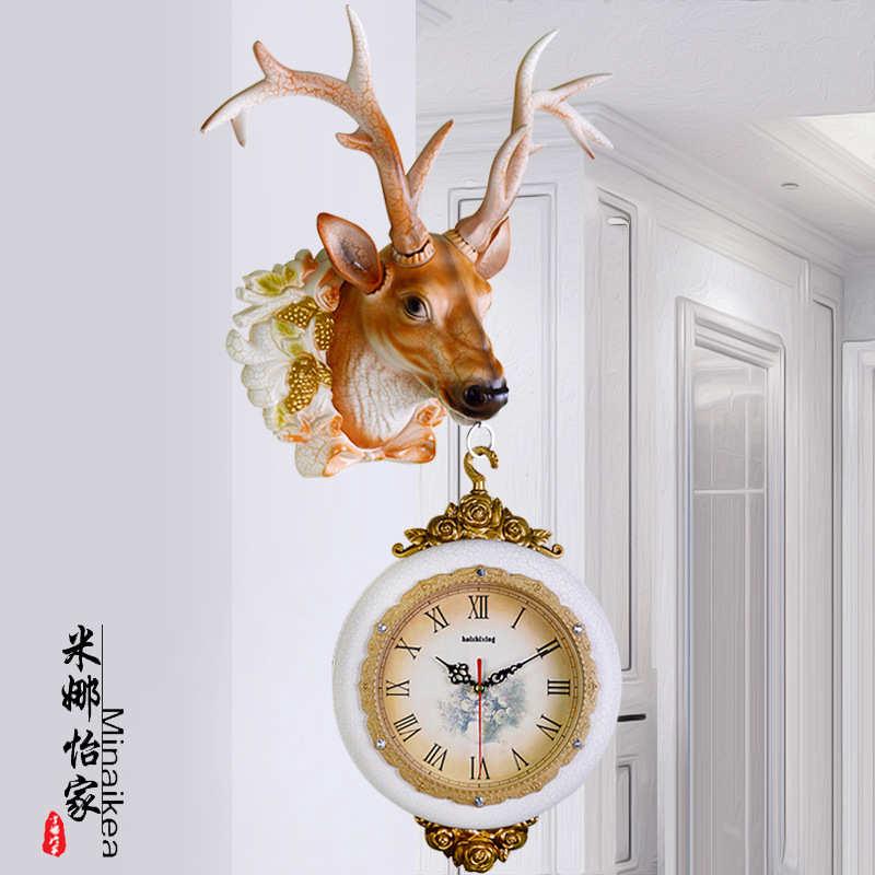 美式复古双面挂钟客厅钟表创意个性鹿头装饰壁挂大号静音挂表