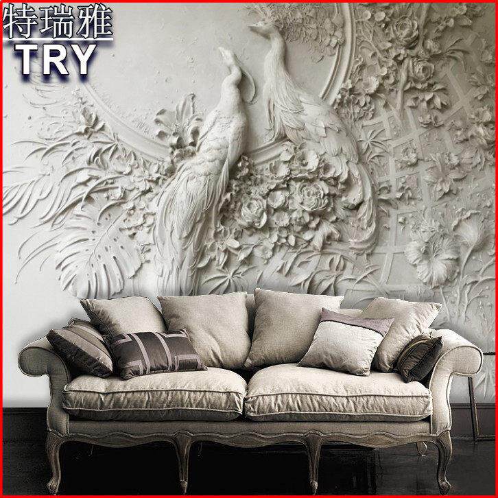 8D立体浮雕古典孔雀壁布沙发壁纸艺术石雕卧室背景墙壁纸定制墙布