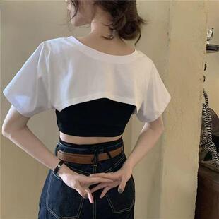 女士假袖子连肩超短款T恤女夏季新款简约版宽松设计感小众罩衫