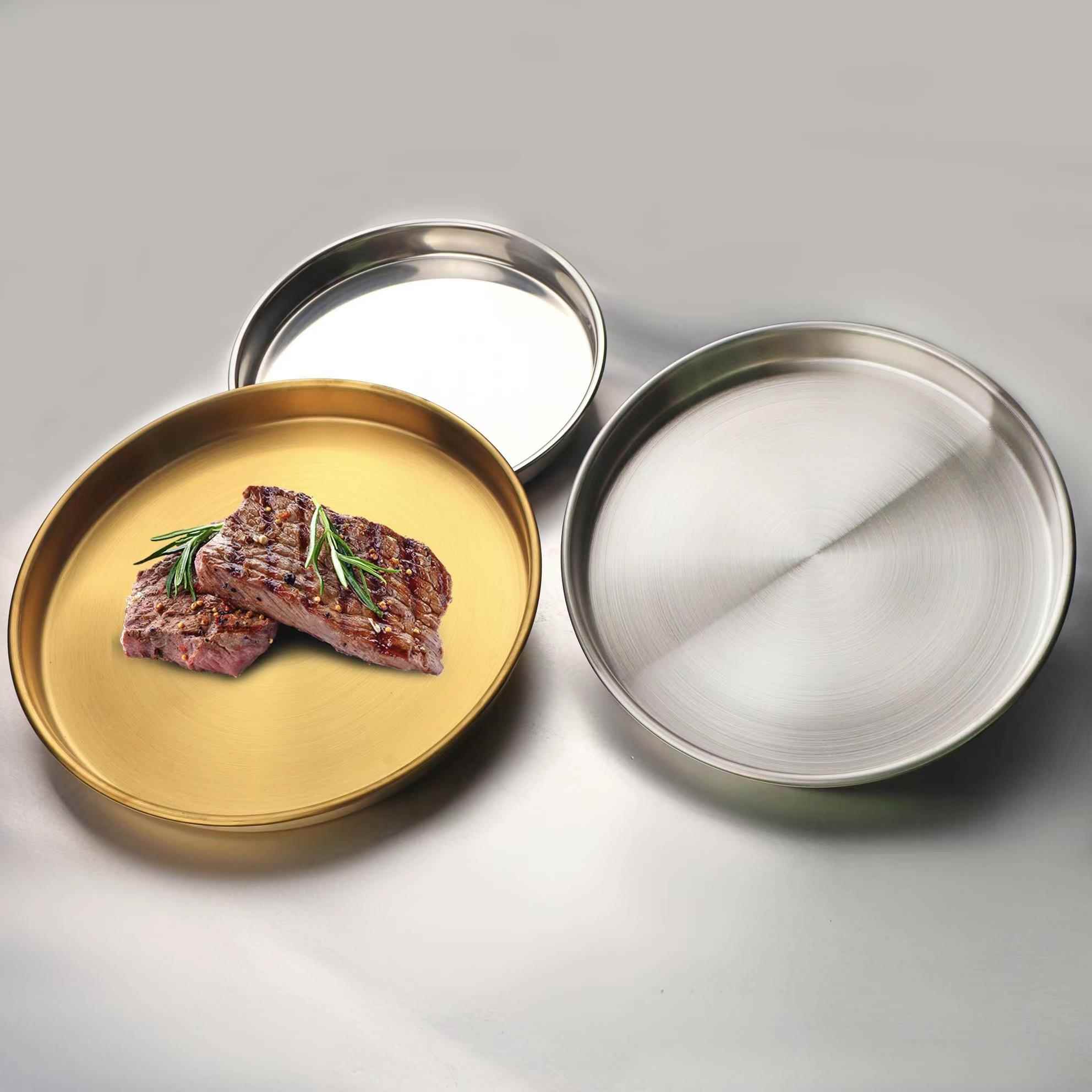 加厚不锈钢圆盘商用韩式烤肉店商用餐盘平底托盘浅盘牛肉火锅菜碟