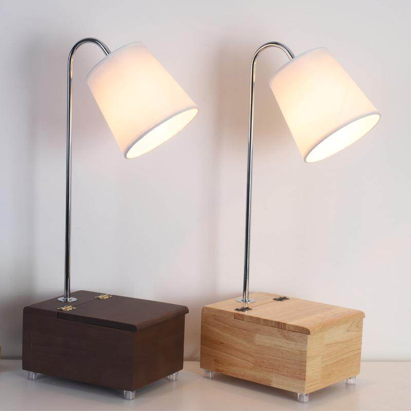 北欧简约床头灯设计师创意时尚客厅卧室护眼灯木艺带化妆镜盒台灯