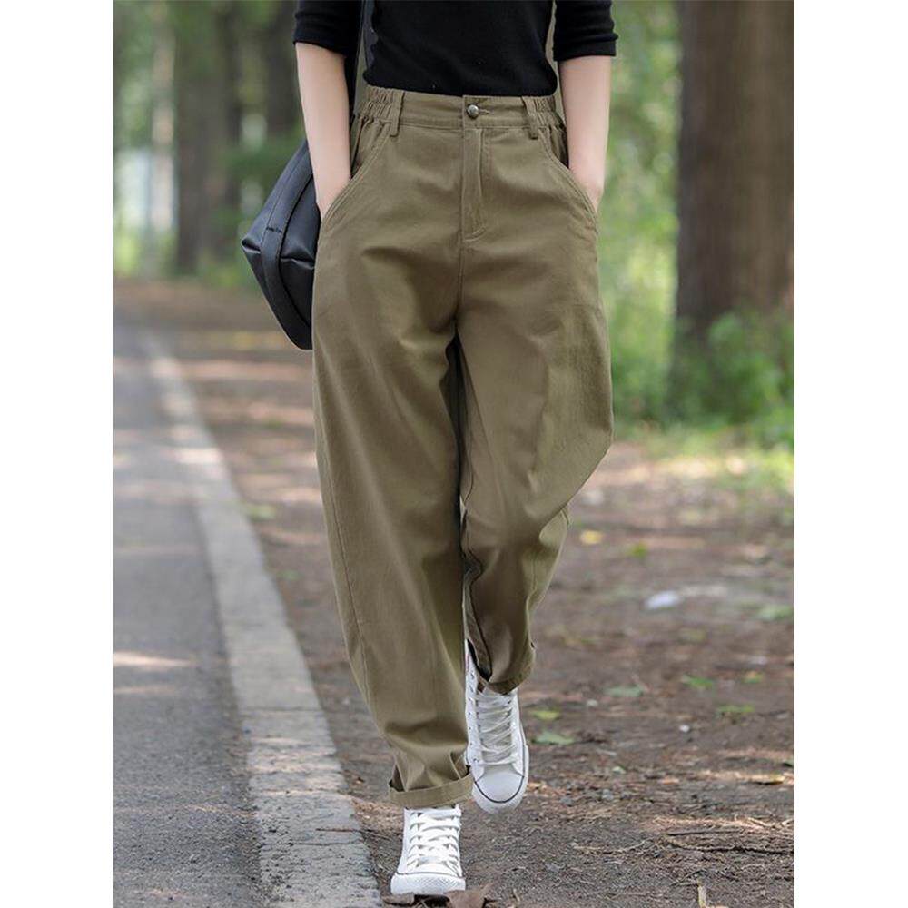 纯棉休闲阔腿工装裤女宽松哈伦裤春秋2025年新款显瘦高腰萝卜长裤