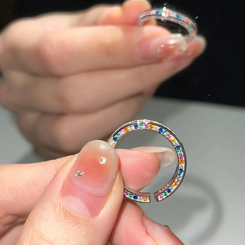srrmhyn彩虹戒指女小众设计高级感食指戒钻石装饰开口排钻网红时