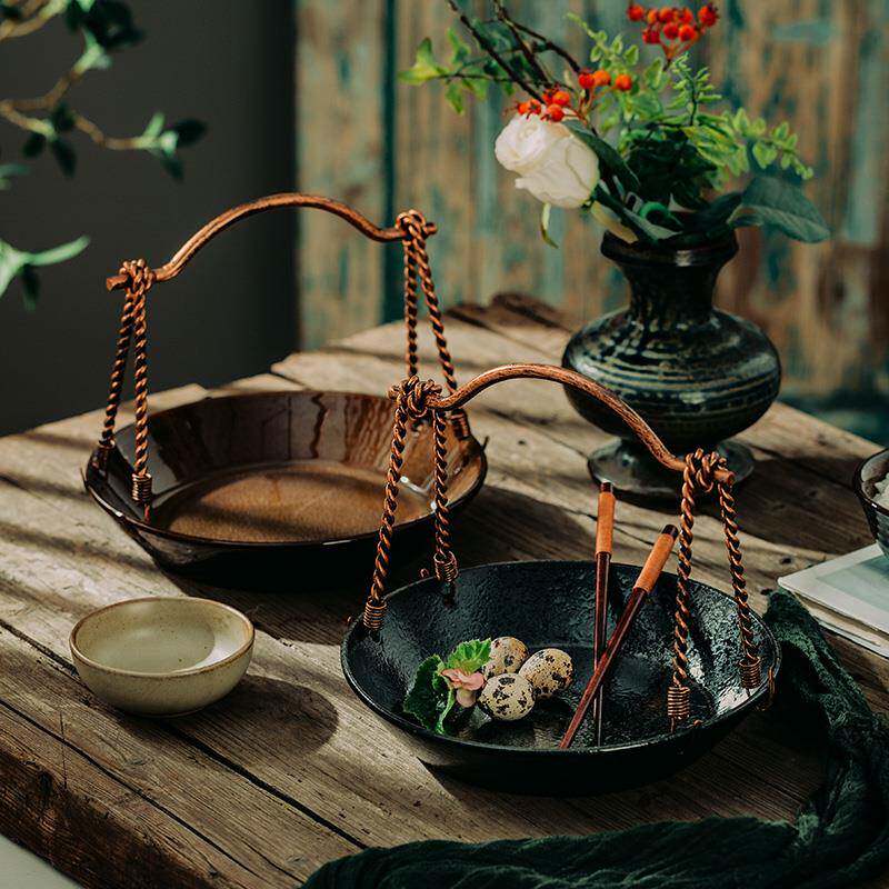 日式陶瓷提手盘子菜盘网红特色酒店农家乐餐厅深盘艺术摆盘感