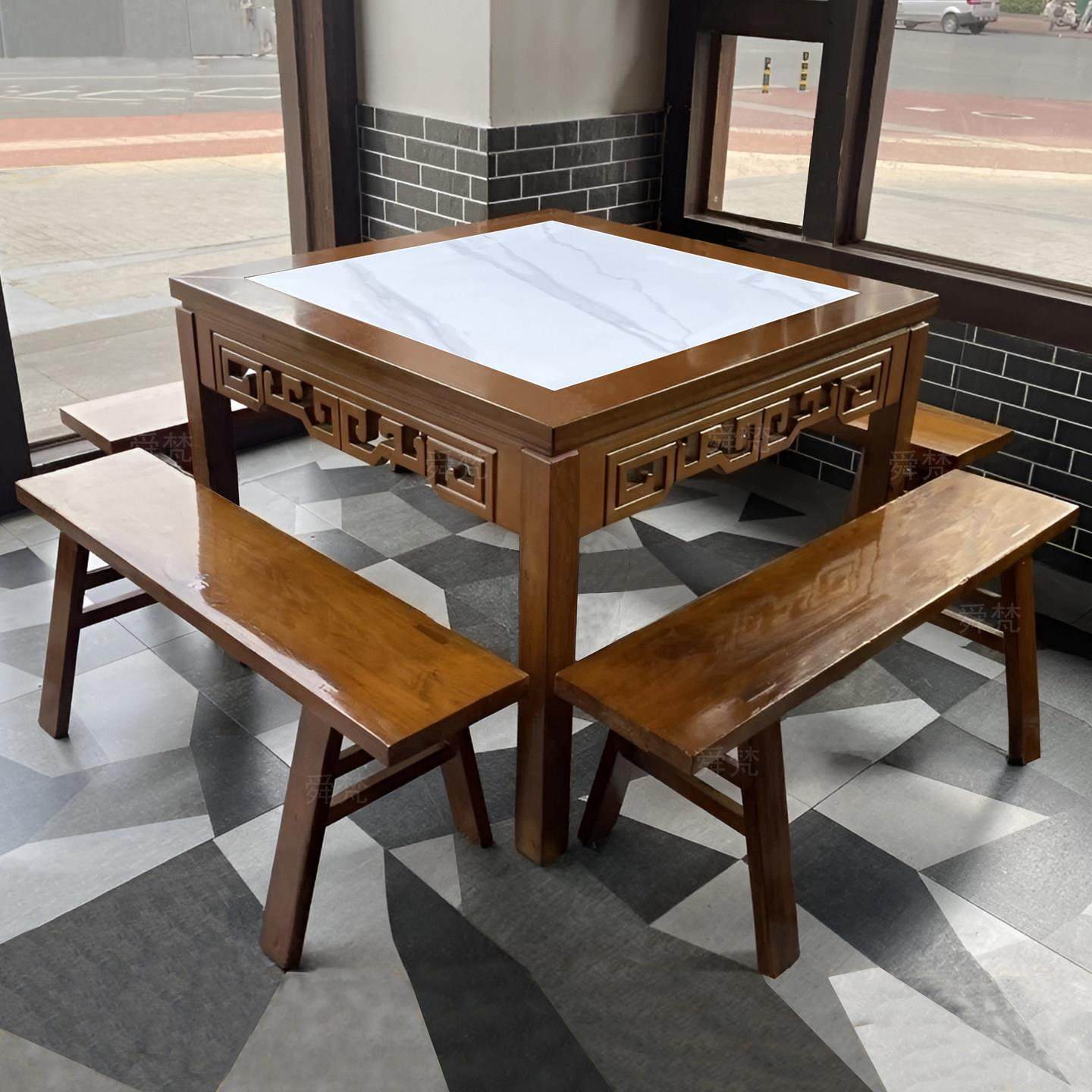 雕花实木岩板八仙桌彷古正方形餐桌休闲 农场饭店面馆商用桌子凳,住宅家具,岩板餐桌,淘宝优惠券,粉丝福利购,淘宝优惠卷