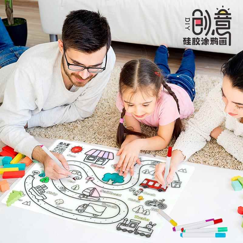 儿童硅胶涂鸦垫 可擦洗水彩笔 创意绘画垫 多功能硅胶餐垫 隔热垫