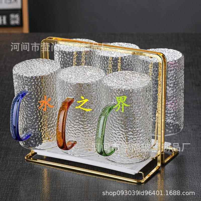 锤纹玻璃水杯加厚六彩玻璃杯带杯架家用客厅玻璃杯套装网红喝水杯