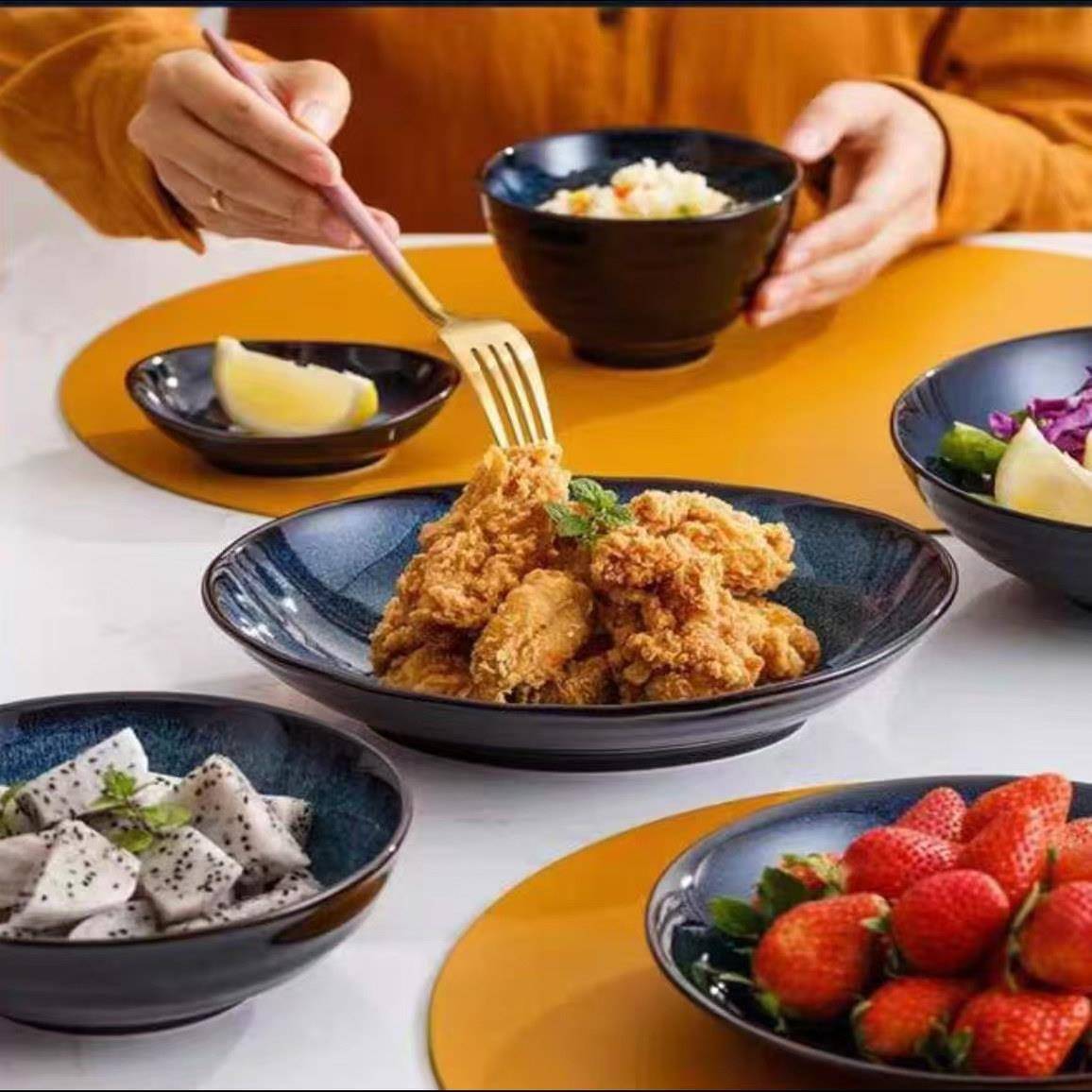 中式窑变餐具碗碟陶瓷家用饭碗汤碗面碗盘子日式蓝色套装耐高温