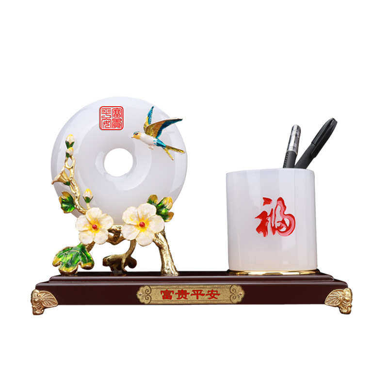 开业平安玉摆件富贵扣平安代发礼品公司琉璃店面笔筒装饰合金珐琅