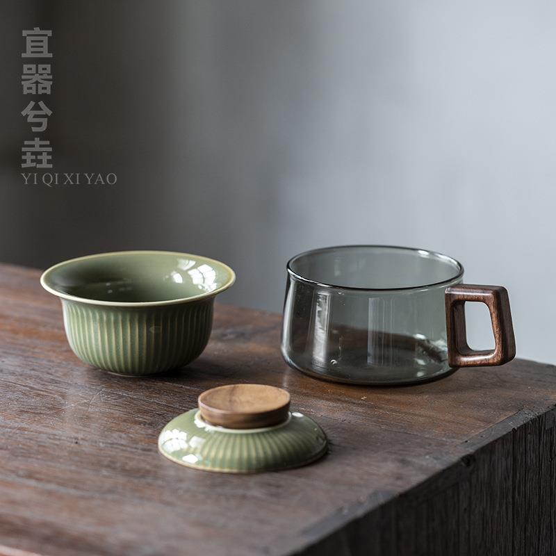 越青窑日着防烫咖啡杯陶瓷泡茶杯竹盖玻璃杯带茶漏过滤办公室茶具