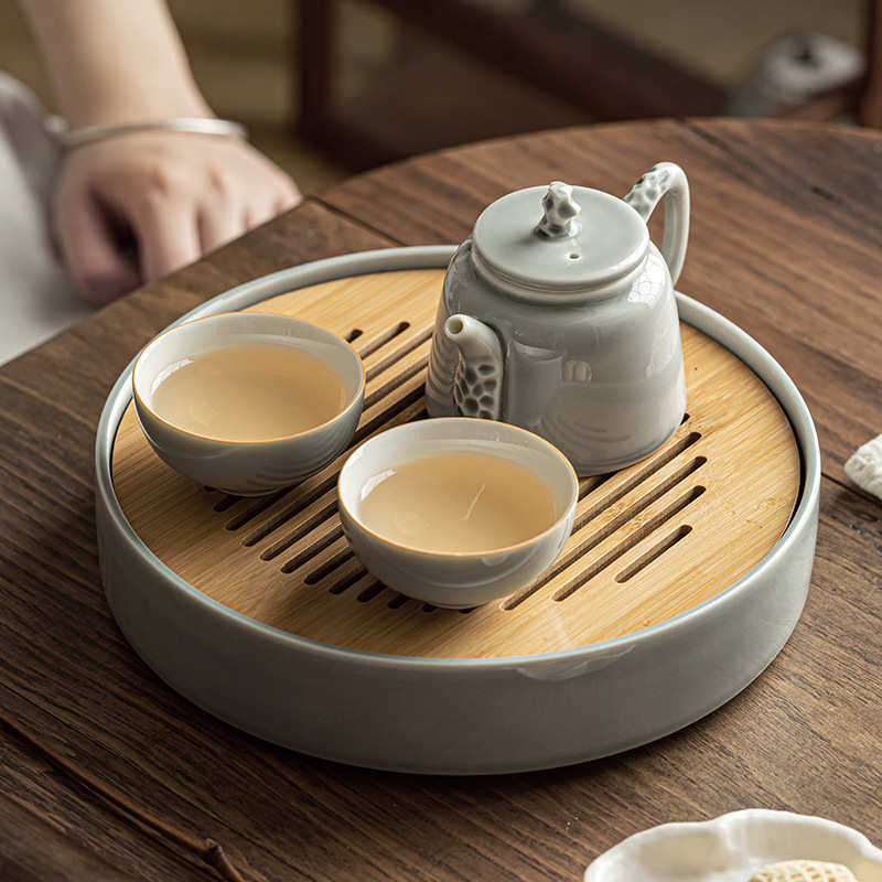 草木冰灰釉圆形干泡盘陶瓷简约竹面板茶盘家用功夫茶具茶托盘茶台,餐饮具,茶盘,淘宝优惠券,粉丝福利购,淘宝优惠卷