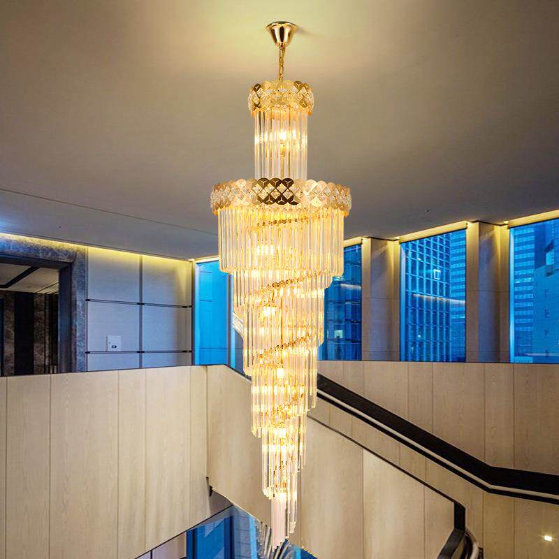 复式楼大吊灯别墅客厅中空简约楼中楼跃层轻奢长水晶旋转楼梯灯