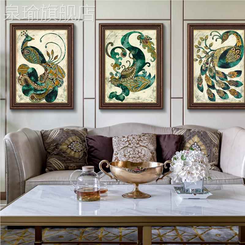 网红孔雀装饰画美美式古厅发背景客墙三联挂画欧画旧怀沙招复财壁图片