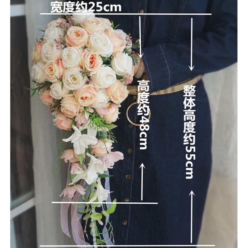 仿真新娘手捧花水滴瀑布下垂韩式粉白玫瑰绢花婚庆用品外销代发