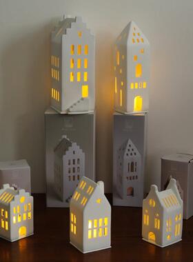 北欧原包装出口丹麦城市房子造型陶瓷烛台手工梦想屋家居装饰摆设