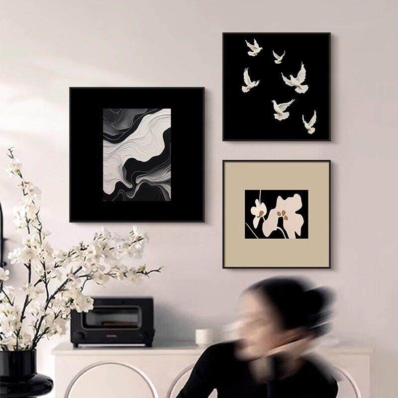 黑白抽象饭厅装饰画现代极简沙发背景墙挂画覆古花鸟艺术组合挂画