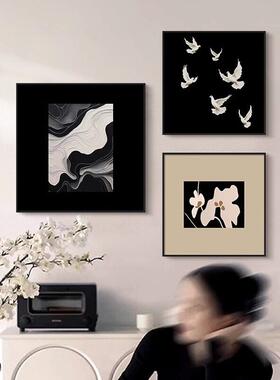 黑白抽象饭厅装饰画现代极简沙发背景墙挂画覆古花鸟艺术组合挂画