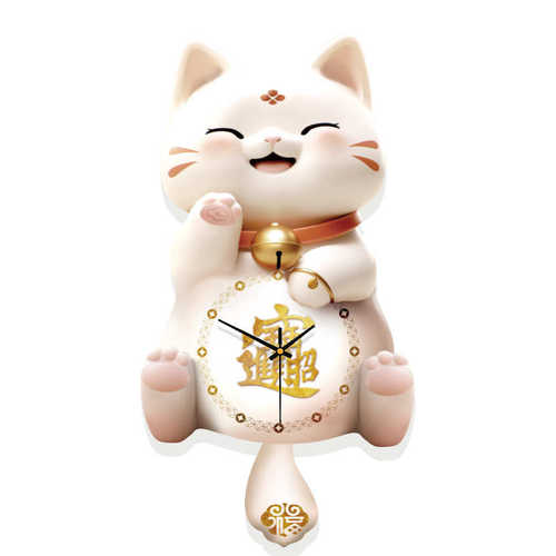 招财猫挂钟客厅高级感现代家用装饰时钟挂墙餐厅时尚创意静音钟表