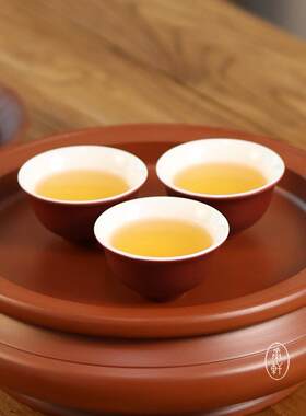 潮州朱泥紫砂色内白功夫茶杯若深品茗杯潮汕覆古工夫茶口杯6祇装