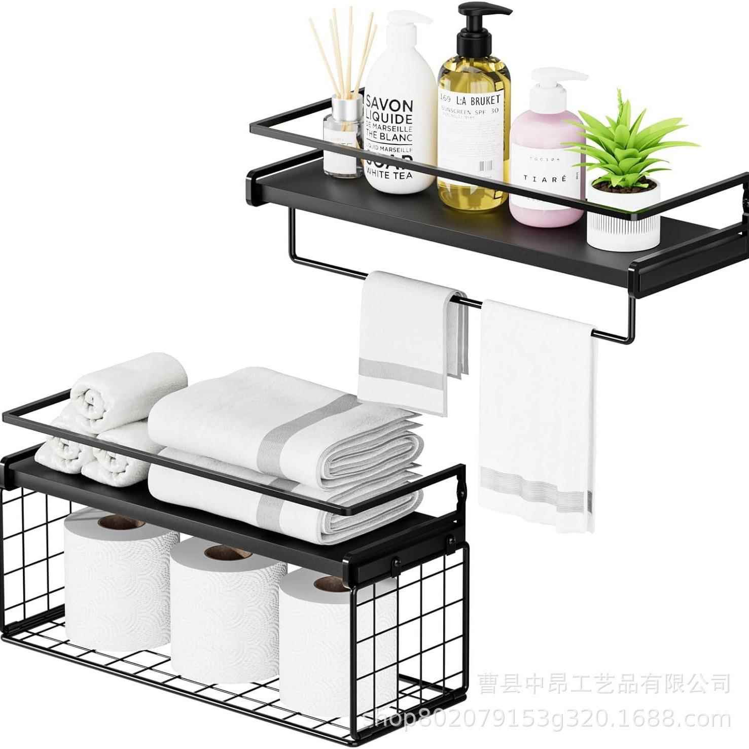 现货浮动搁架壁挂式浴室毛巾架 客厅墙上置物架 铁木结合木质悬挂