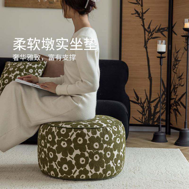 2024新款法式中古风客厅坐墩蒲团布艺可拆洗复古橄榄绿花朵图案