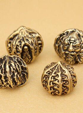 黄铜实心文玩古玩核桃手把件一对铜狮子头官帽核桃手把玩摆件握球