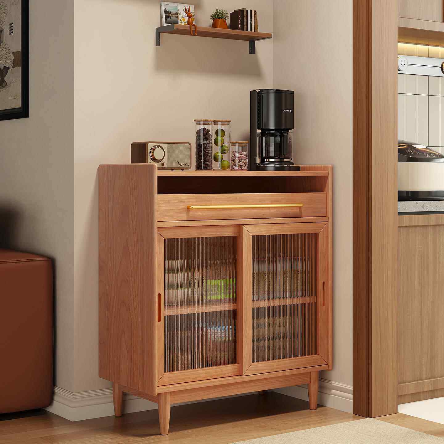 实木餐边柜靠墙一体储物柜子客厅沙发边柜小户型置物柜日式茶水柜