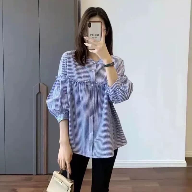 欧洲站蓝色条纹衬衫女高级感轻奢时尚设计感夏季百搭木耳边娃娃衫