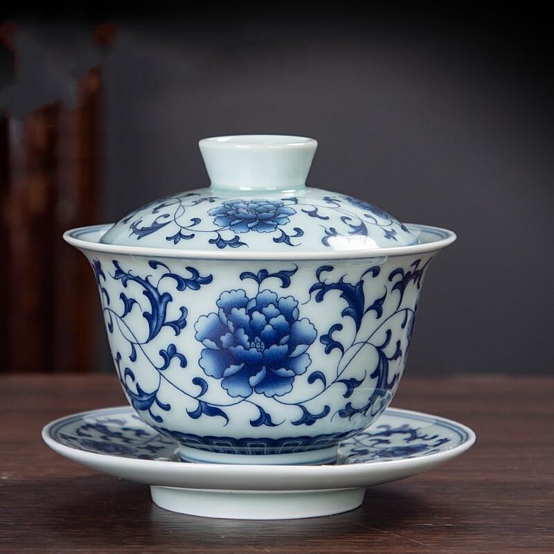 陶瓷手绘青花瓷功夫茶具茶碗三才盖碗茶杯套装家用办公泡茶器复古