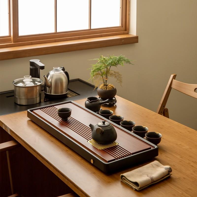 祥福竹制茶盘排水式新中式复古简约轻奢茶台家用茶室干泡盘茶具