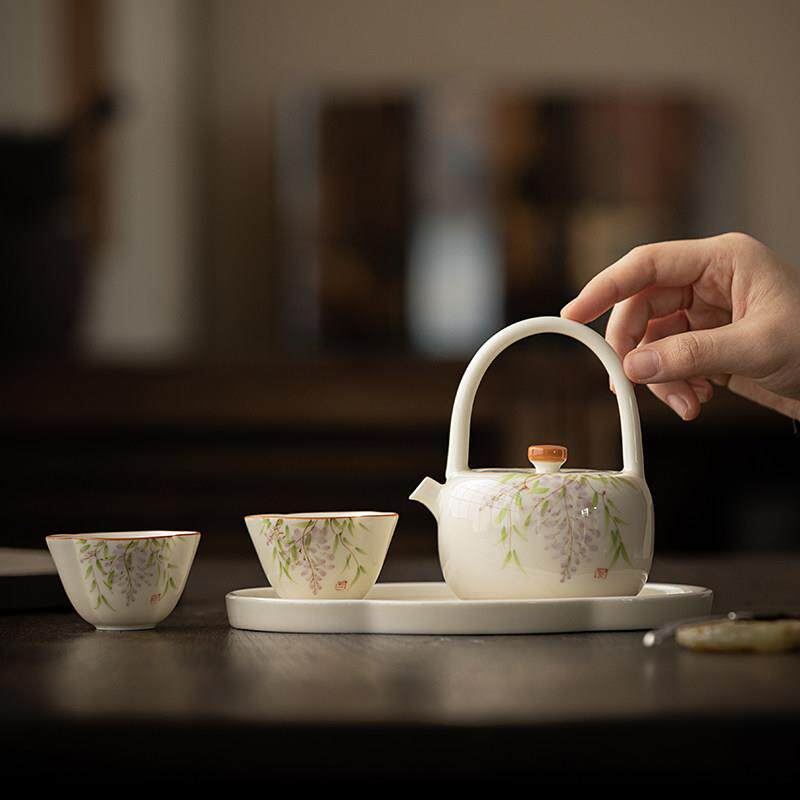 釉下彩手绘米黄色提梁壶茶壶茶盘茶杯套组家用泡茶壶功夫茶具