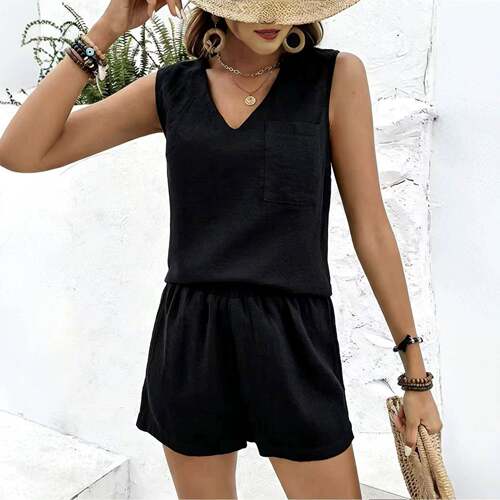 Women's V-Neck Sleeveless Casual Short Set  Loose Fit Plain