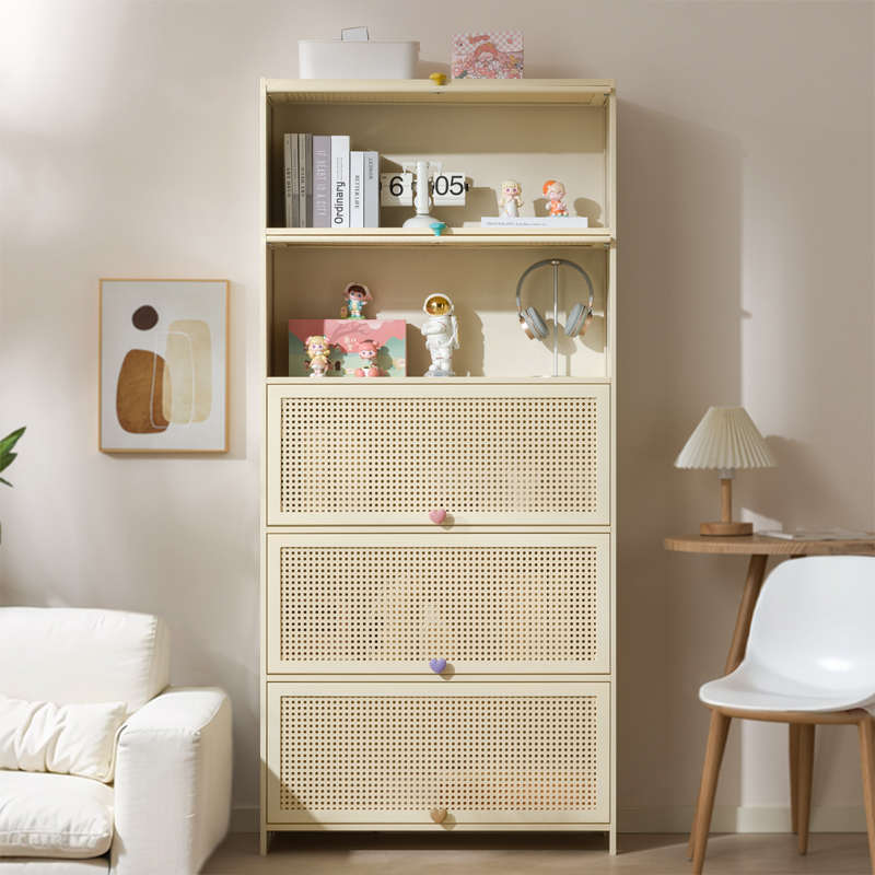 奶油风书柜现代简约带门客厅卧室防尘书架窄柜落地立柜置物储物柜